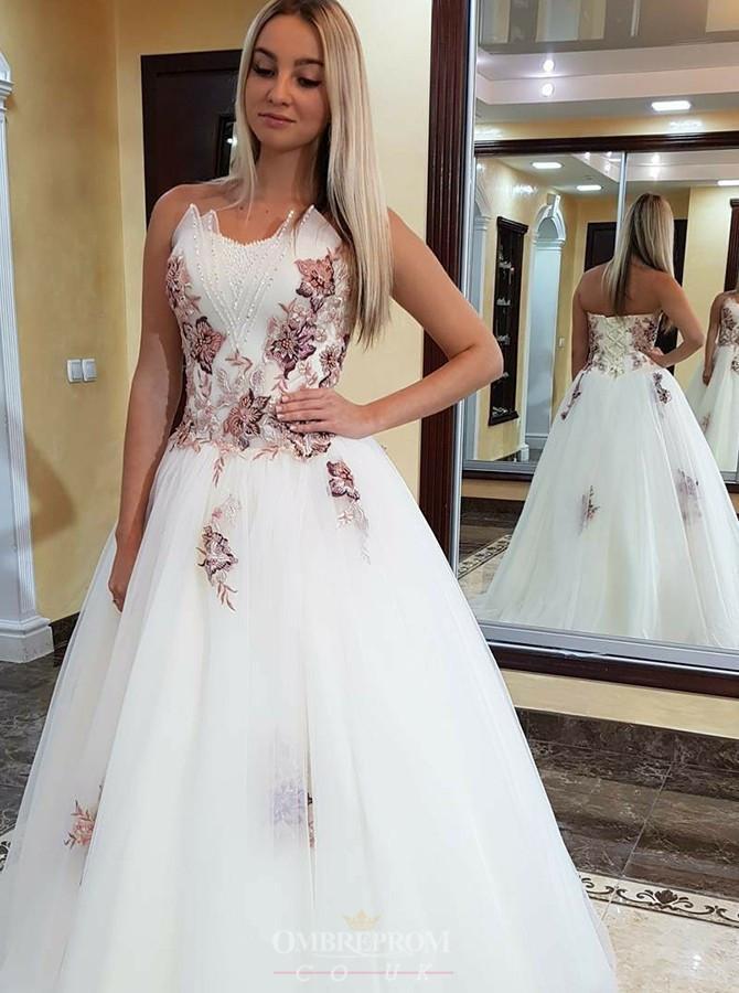 Appliques Beading White Prom Dresses A-Line Sweetheart Formal Gown