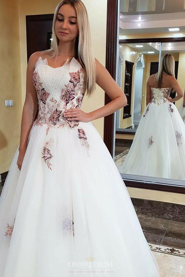 appliques beading white prom dresses a-line sweetheart formal gown dtp764