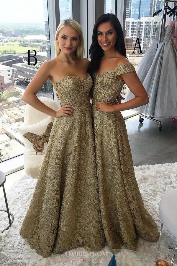 A-Line Off-the-Shoulder Lace Prom Dresses Gold Party Dress