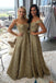 A-Line Off-the-Shoulder Lace Prom Dresses Gold Party Dress