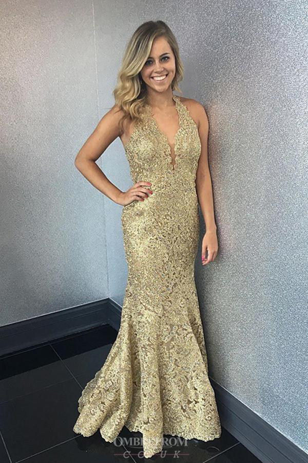 mermaid halter gold lace long prom dresses with sweep train dtp747