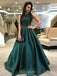 A-Line Spaghetti Straps Dark Green Backless Formal Prom Dresses