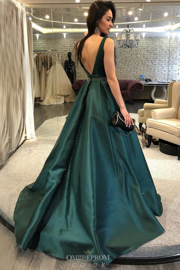 A-Line Spaghetti Straps Dark Green Backless Formal Prom Dresses