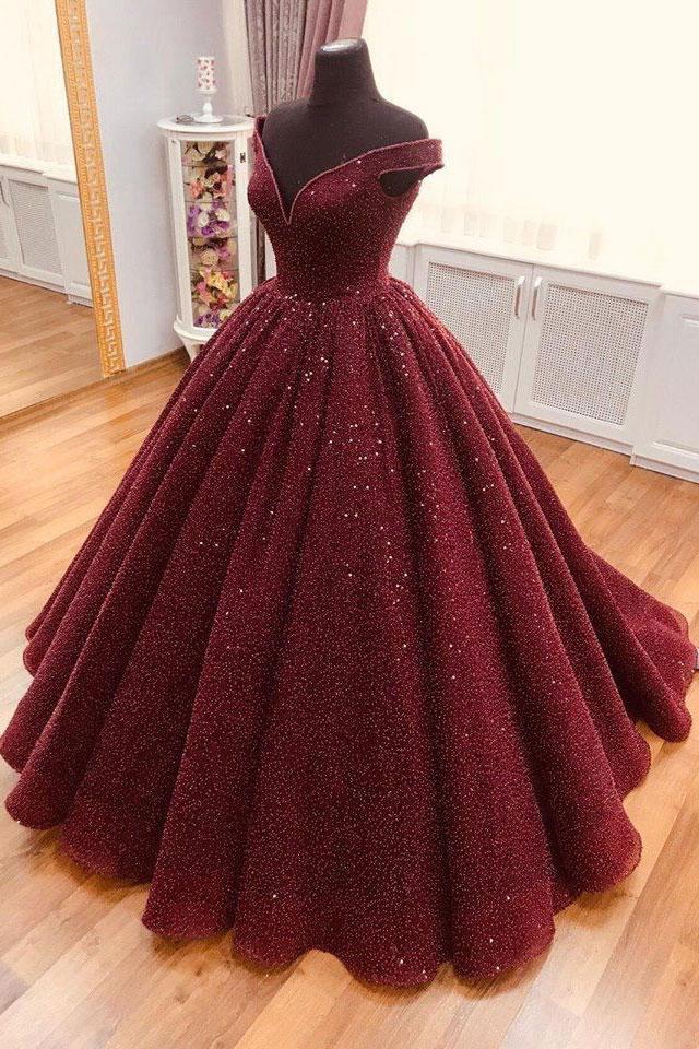 sparkly burgundy quinceanera dress v neck ball gown prom dress dtp627