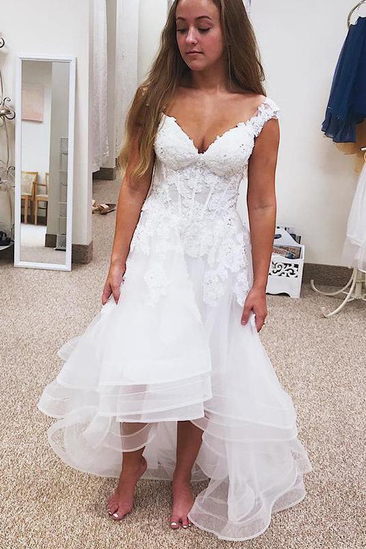 a-line v-neck high low tulle short beach wedding dress dtw188