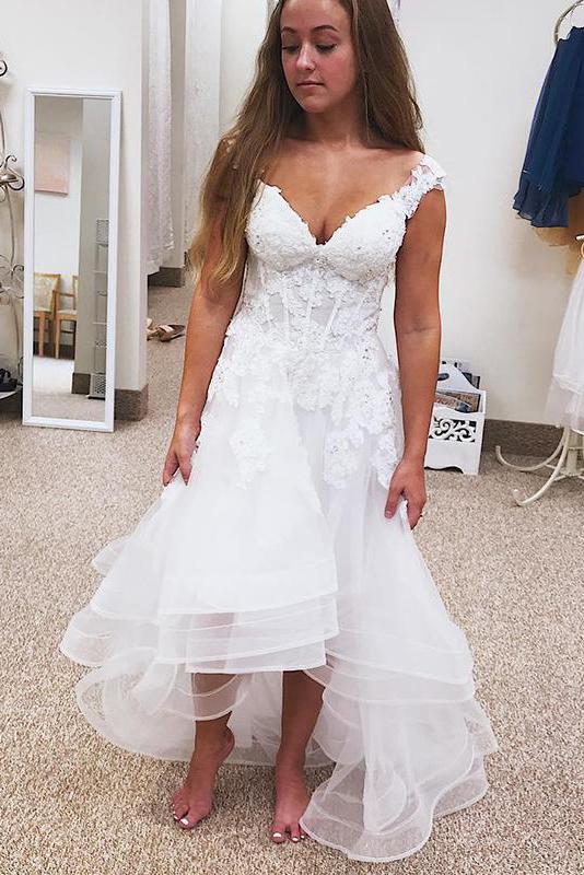 A line V neck High Low Tulle Short Beach Wedding Dress