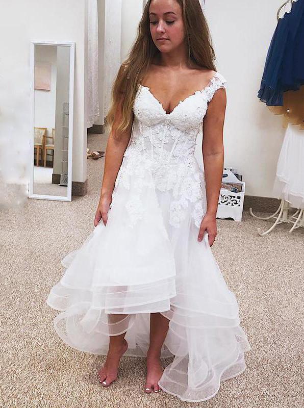 A-line V-neck High Low Tulle Short Beach Wedding Dress