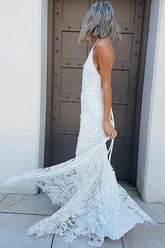 Halter Lace Beach Wedding Dress, Sheath Lace Bridal Gown