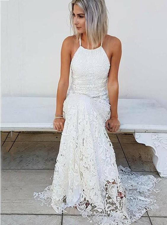 Halter Lace Beach Wedding Dress, Sheath Lace Bridal Gown