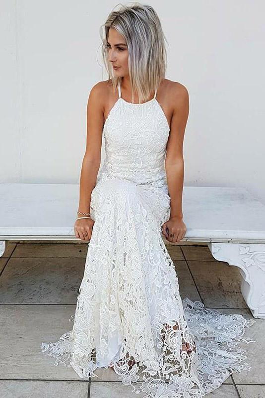 sheath lace bridal gown halter lace beach wedding dress dtw194