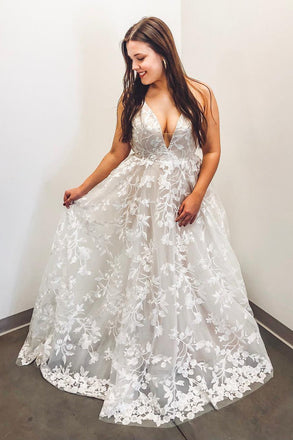 elegant a-line v-neck appliques long plus size wedding dress dtw190
