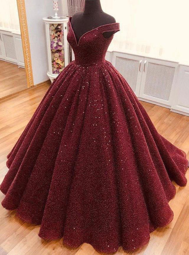 Sparkly Burgundy Quinceanera Dress V neck Ball Gown Prom Dress