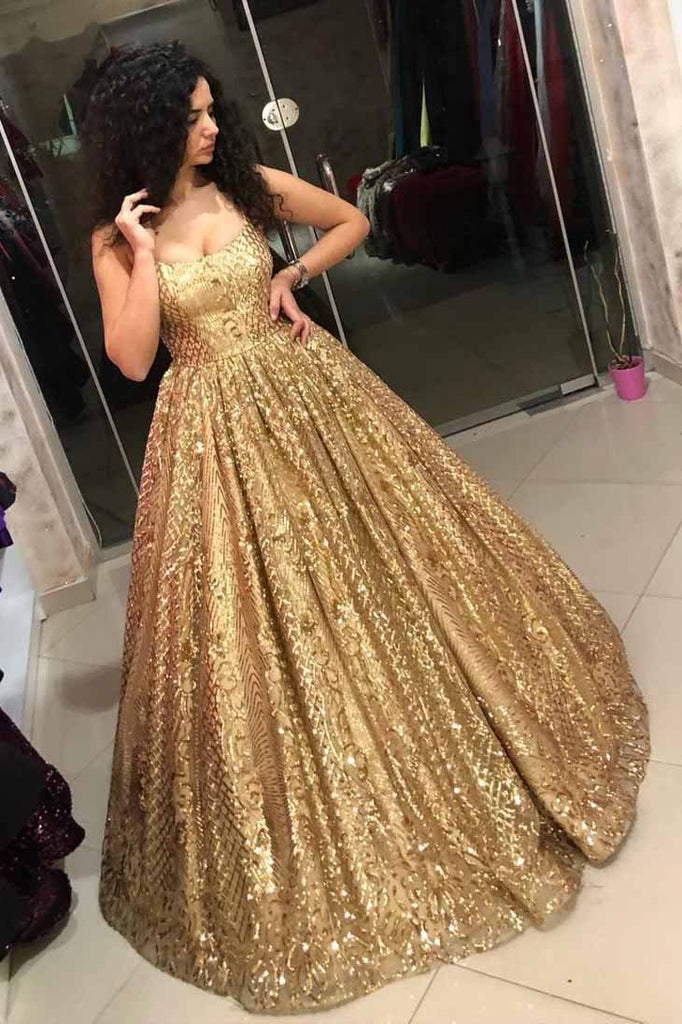 straps sequins ball gown quinceanera dress gold prom dress dtp671