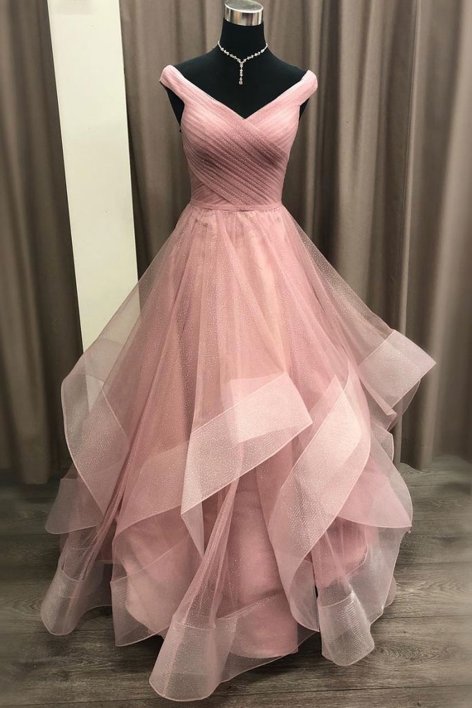 a-line off shoulder tulle long prom dress with layered dtp626