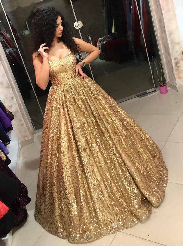 Straps Sequins Ball Gown Quinceanera Dress Gold Prom Dress