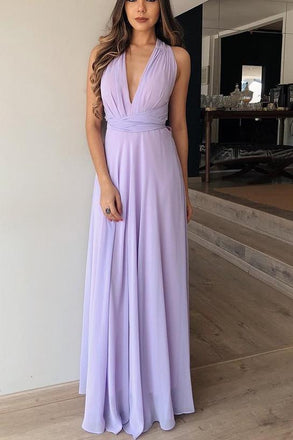 Flowy A-Line V-Neck Lilac Chiffon Long Bridesmaid Dress