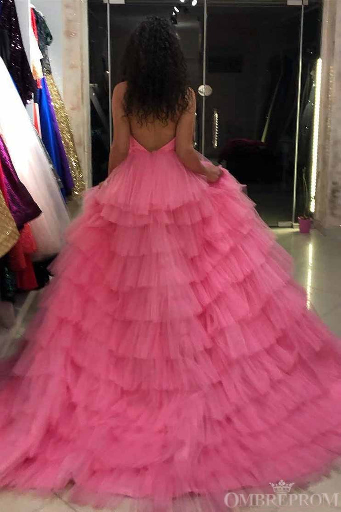 Princess Halter Pink Long Prom Dresses Backless Pageant Dress With Layers