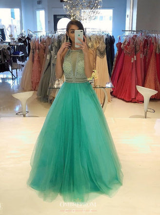 elegant a-line high neck beading formal gown long prom dress dtp690
