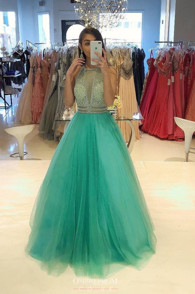 Elegant A-line High neck Beading Formal Gown Long Prom Dress