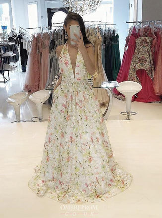 flowy a-line plunging neckline floral long prom dress dtp691