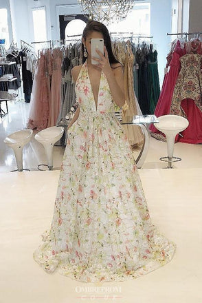Flowy A-line Plunging Neckline Floral Long Prom Dress