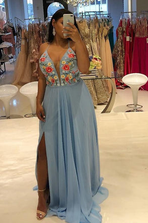 chiffon embroidered long spaghetti plus size prom dress with slit dtp687