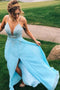 Spaghetti Straps Chiffon Lace Appliques Blue Long Prom Dress With Slit