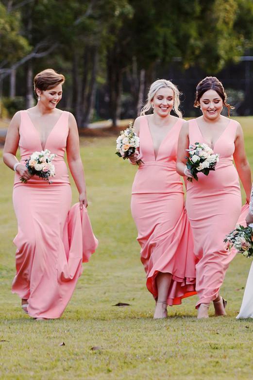 Pink Simple V-Neck Satin Long Trumpet Bridesmaid Dresses