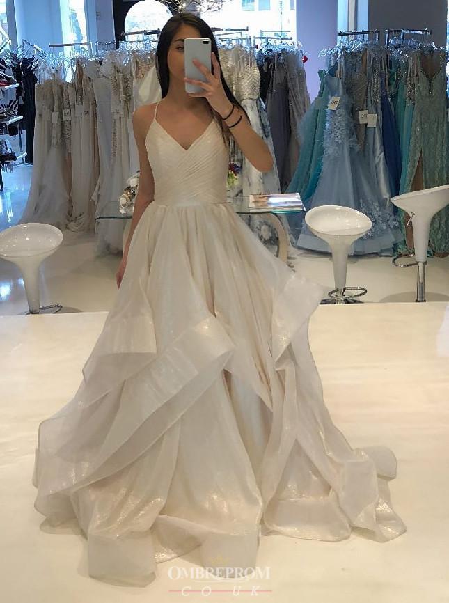 sparkle ruffles wedding dress a-line v-neck long prom dress dtp685
