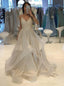 A-Line V-neck Long Prom Dress, Sparkle Ruffles Wedding Dress