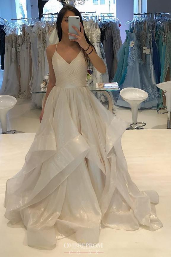 A-Line V-neck Long Prom Dress, Sparkle Ruffles Wedding Dress