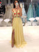 daffodil spaghetti chiffon slit long prom dress with embroidery dtp686