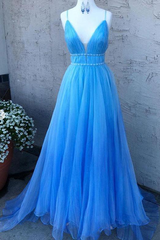 V-Neck Blue Long Prom Dresses Tulle Formal Dress with Beading