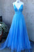 V-Neck Blue Long Prom Dresses Tulle Formal Dress with Beading