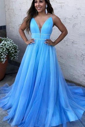 v-neck blue long prom dresses tulle formal dress with beading dtp793