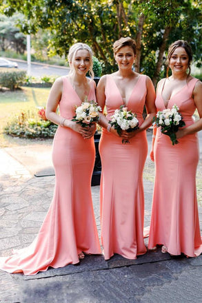 pink simple v-neck satin long trumpet bridesmaid dresses dtb73