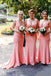 pink simple v-neck satin long trumpet bridesmaid dresses dtb73