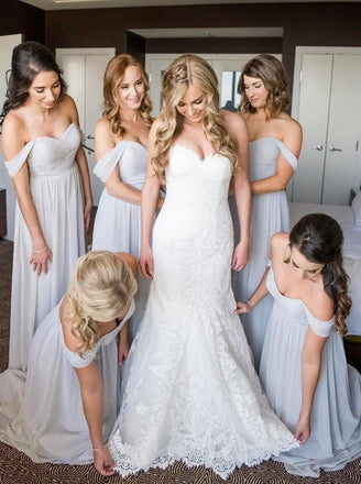 Light Gray Off-the-Shoulder Beach Chiffon Bridesmaid Dresses