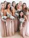 A-Line V-neck Sequins Tulle Blush Long Bridesmaid Dresses