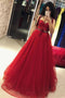 Chic Straps Red Ball Gown Bow Beaded Tulle Long Prom Dress