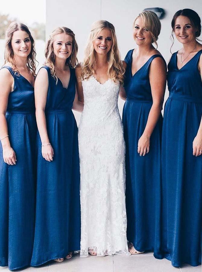 Elegant A-Line V-Neck Royal Blue Long Bridesmaid Dresses