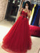 Chic Straps Red Ball Gown Bow Beaded Tulle Long Prom Dress