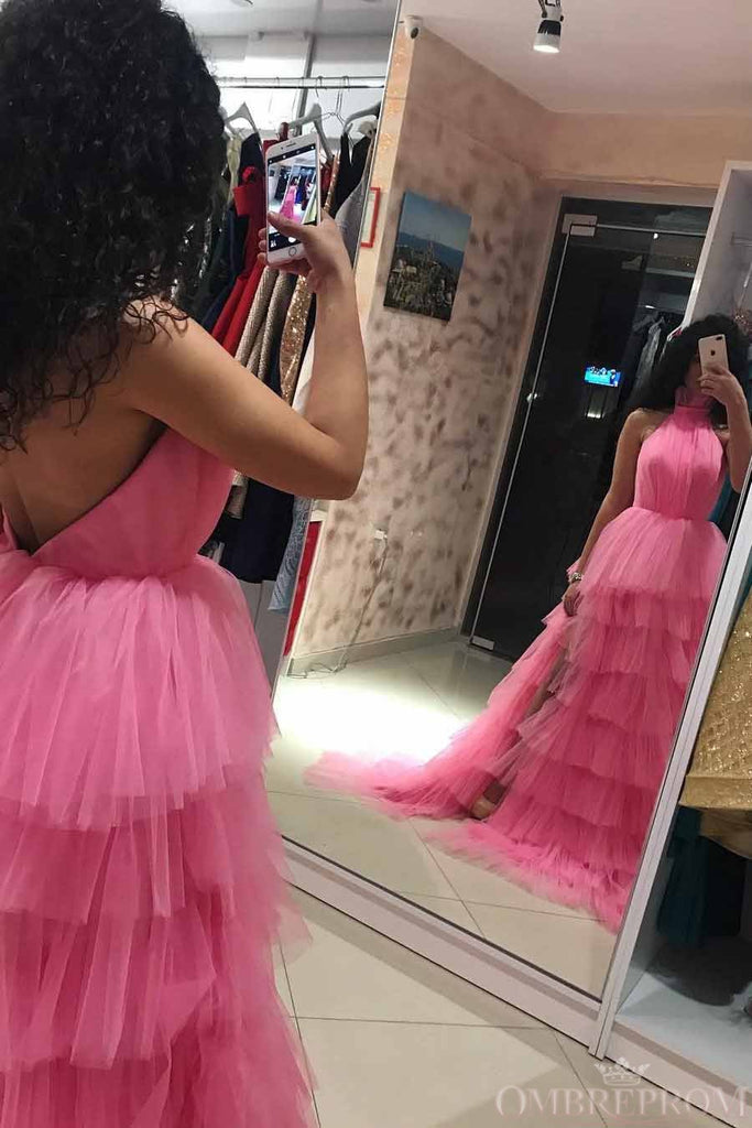princess halter pink long prom dresses backless pageant dress with layers dtp795