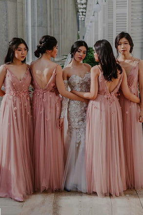 pink a-line v-neck backless long bridesmaid dress with flowers dtb77