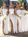 White Strapless Sheath Bridesmaid Dresses Slit with Ruched