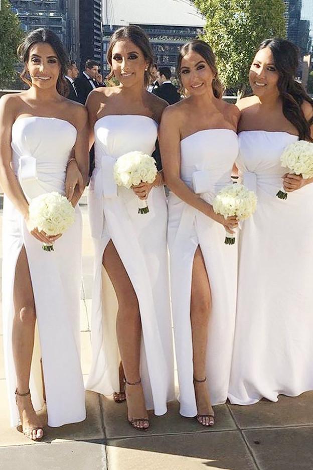 white strapless sheath bridesmaid dresses slit with ruched dtb80