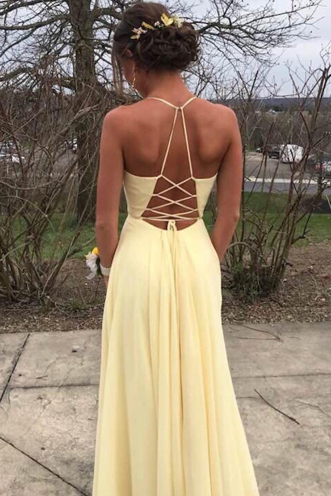 Daffodil Spaghetti Chiffon Slit Long Prom Dress With Embroidery