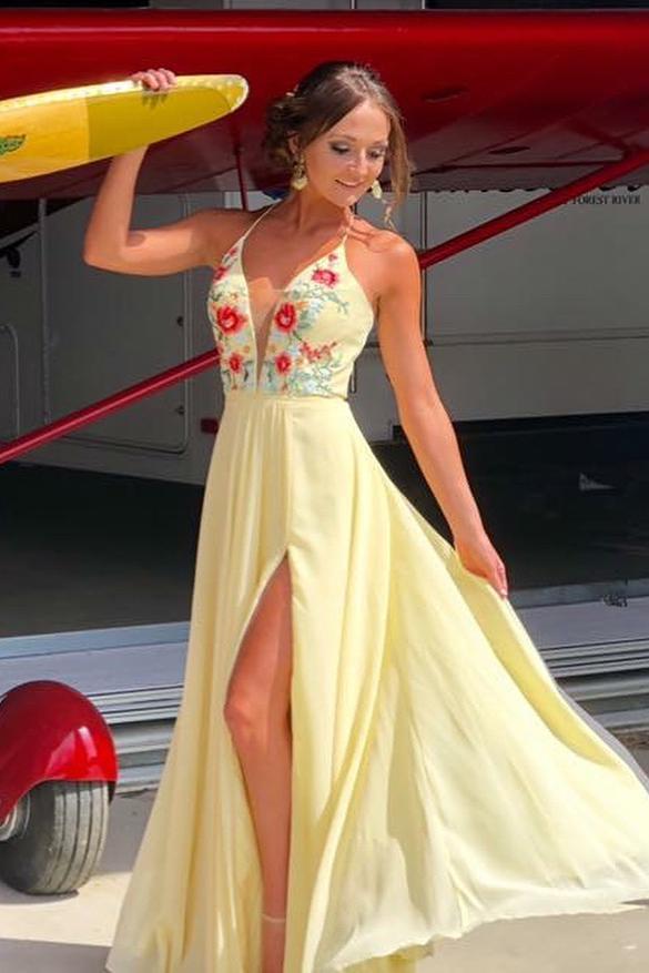 Daffodil Spaghetti Chiffon Slit Long Prom Dress With Embroidery