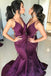 Sexy Plum Elastic Satin V-neck Mermaid Long Bridesmaid Dresses