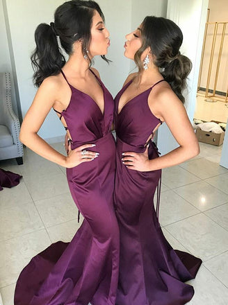sexy plum elastic satin v-neck mermaid long bridesmaid dresses dtb83